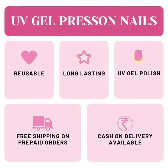 UV gel press-on nails benefits infographic; reusable, long-lasting, UV gel polish, free shipping, COD.