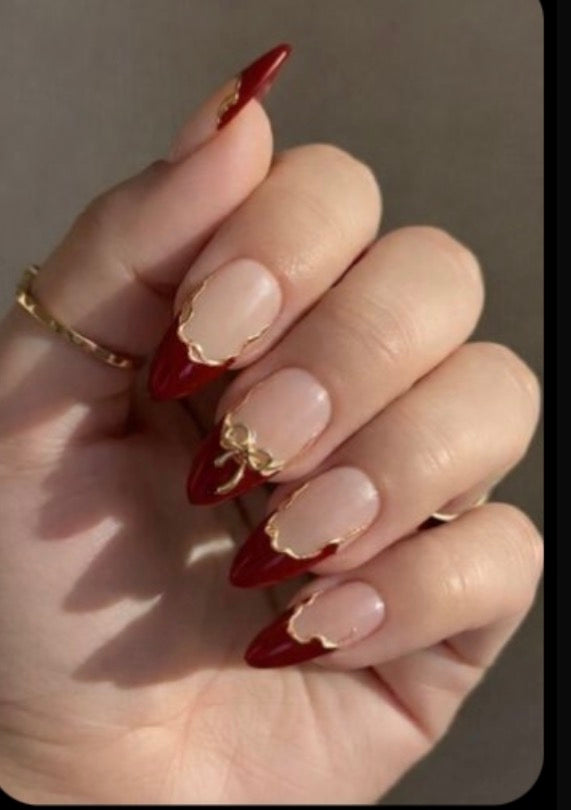 Wine Frenchy Golden Bow Nails