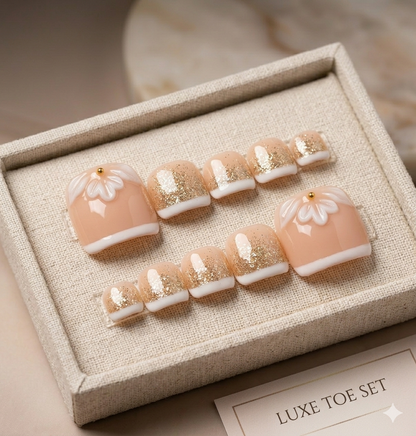 Nude Glitter 3D Flower Toes Nails