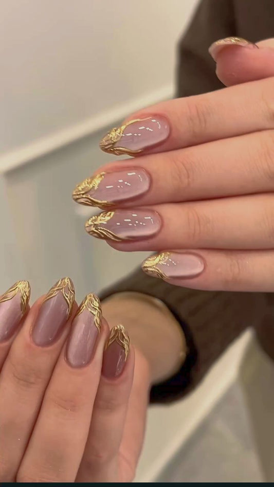Nude Glitter Cateye Golden French  Nails
