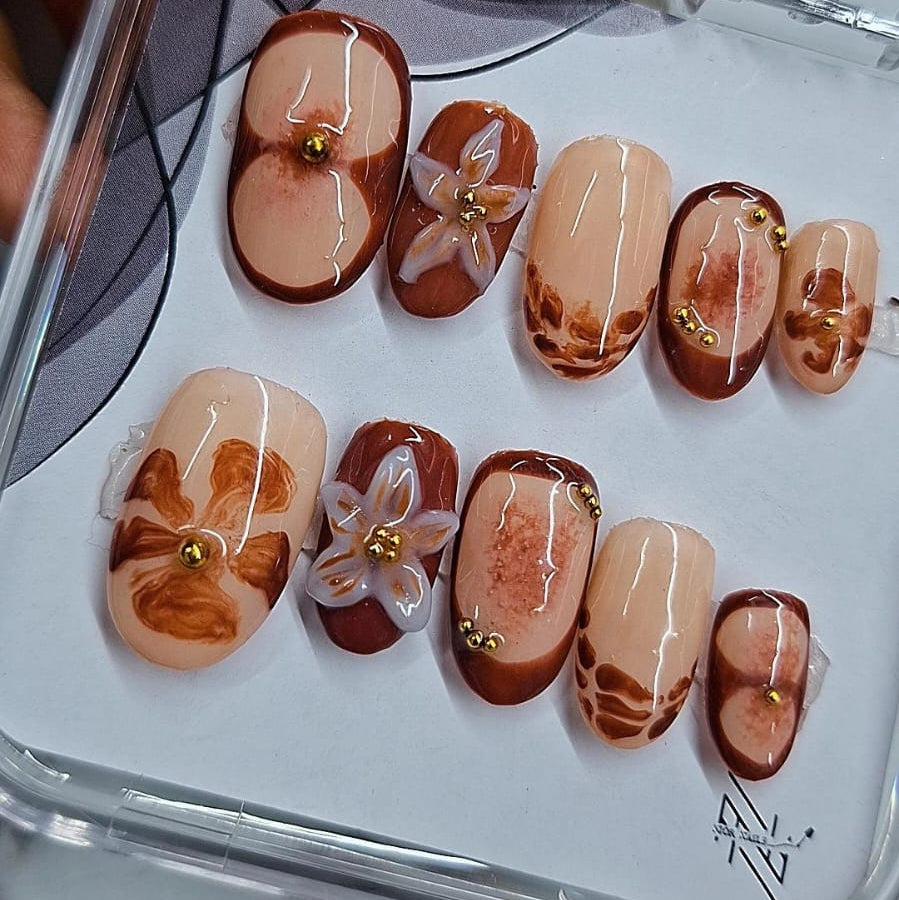 3D brown flower Nails