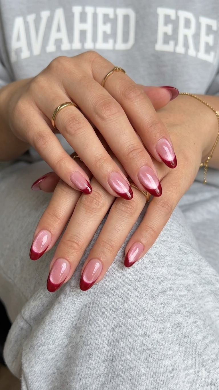 Pink Cateye Red French Nails