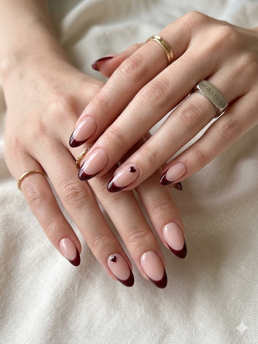 Nude Red French Heart Nails
