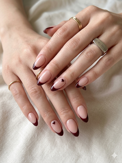 Nude Red French Heart Nails