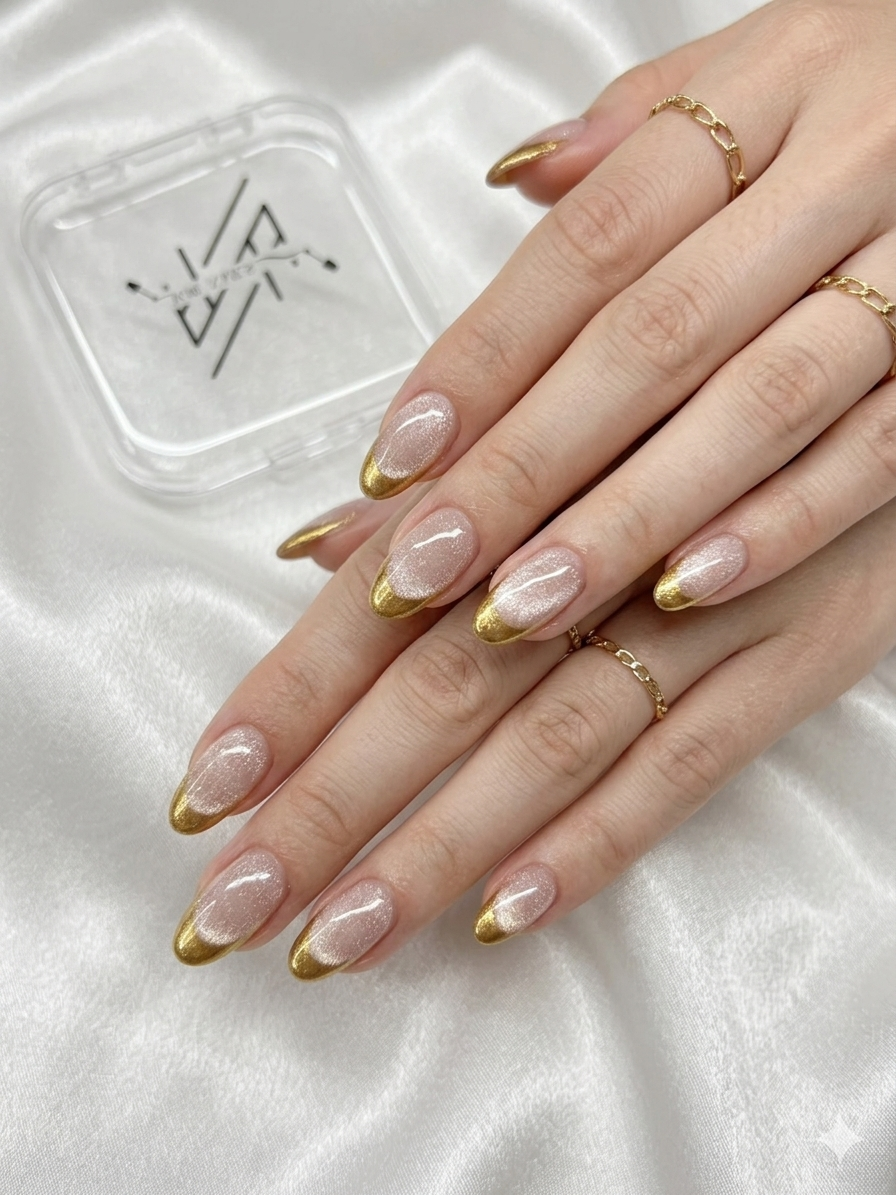 Nude Glitter Cateye Golden French  Nails