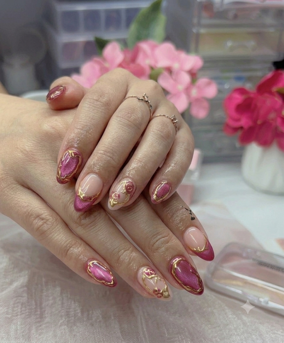 Magenta Cateye Chromatic Rose Nails