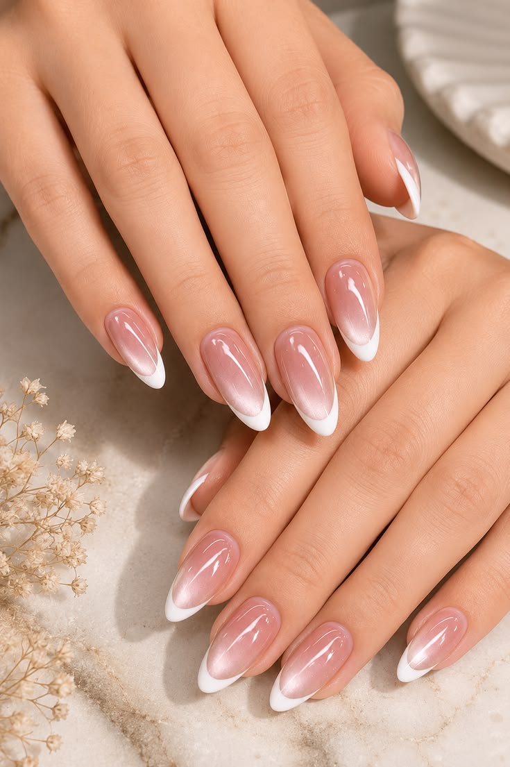 Pink Cateye White French Nails