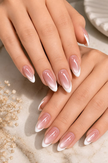 Pink Cateye White French Nails