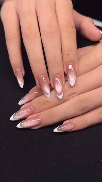 Pink Cateye White French Nails