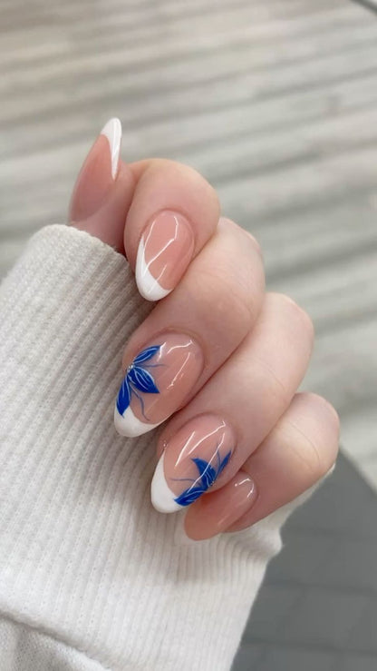 Blue Flowers French Nails