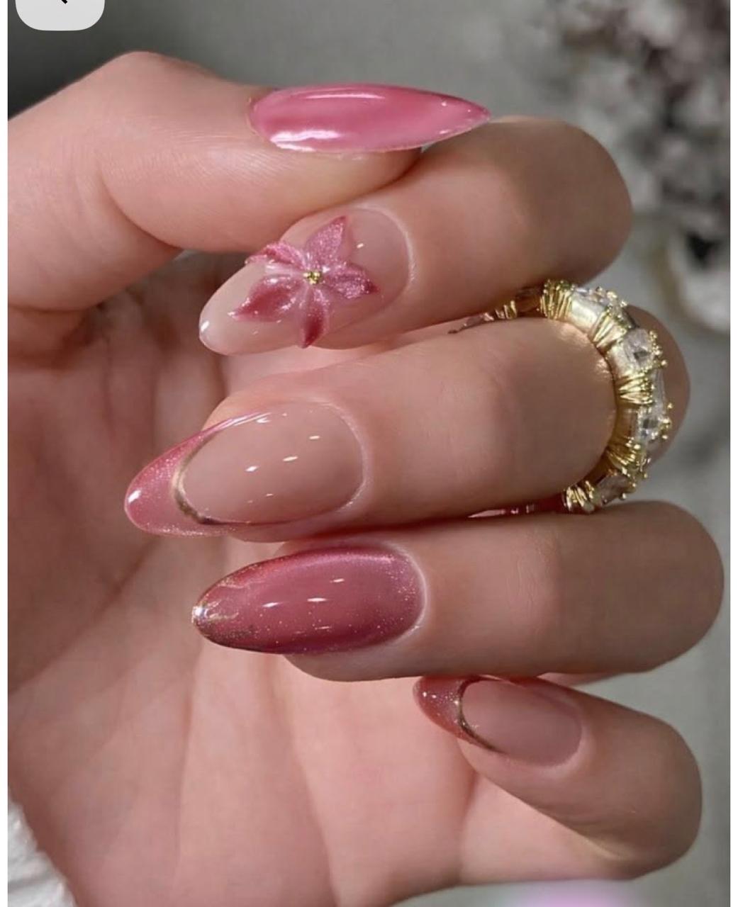 Pink Cateye 3D Flower Nails