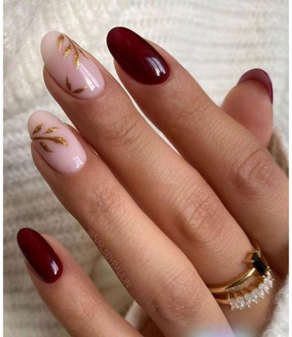 Golden Leaf Maroon Nails Nior Nails