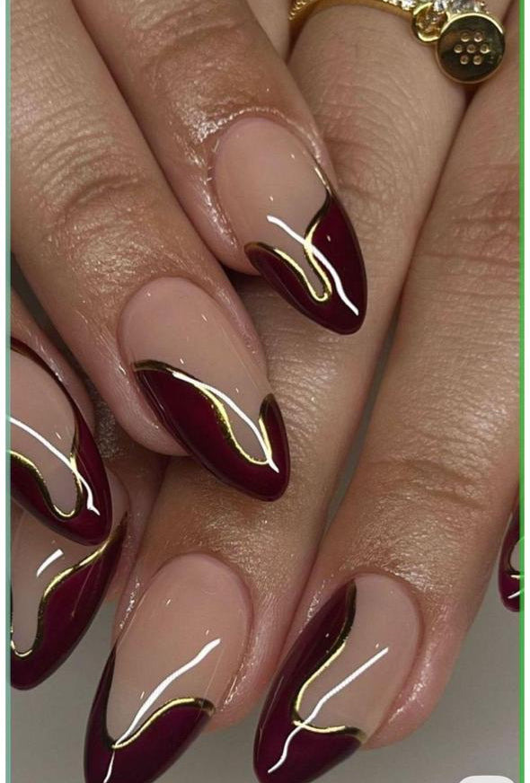 Abstract Maroon Golden French Nails Nior Nails