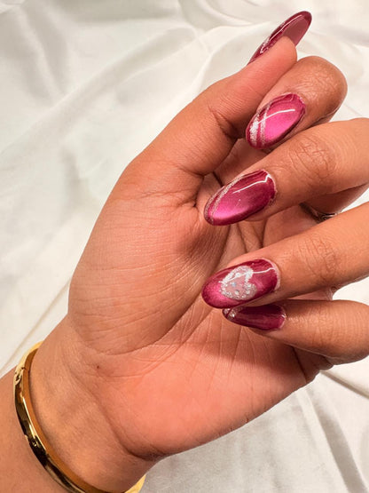 Magenta Cateye Silver Heart  Nails Nior Nails