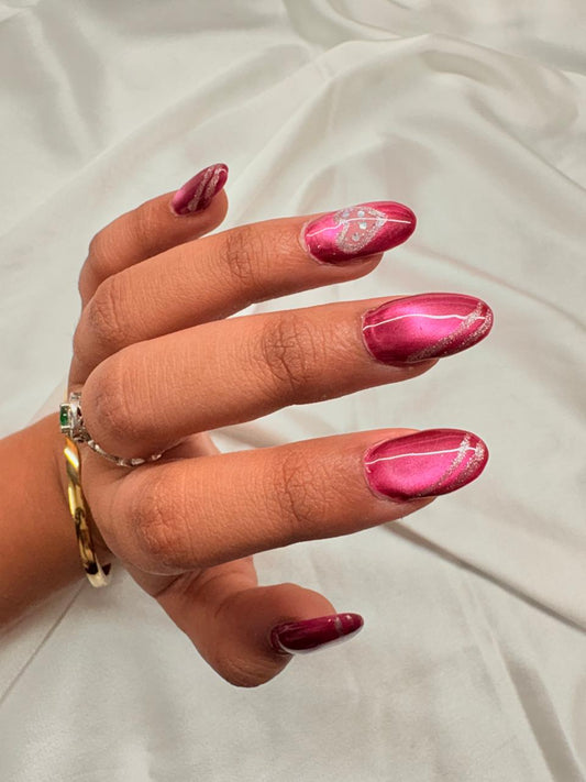 Magenta Cateye Silver Heart  Nails Nior Nails