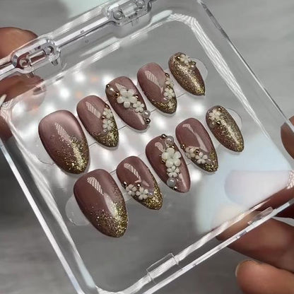 Flower Golden Glitter Cateye  Nails Nior Nails