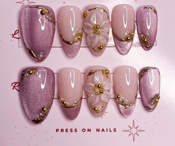 3D Flower Pink Glitter Cateye  Nails Nior Nails