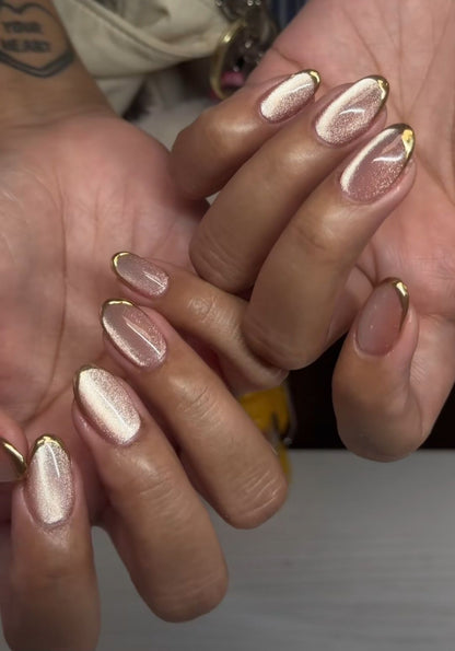 Pink Cateye Thin Golden french Nails Nior Nails