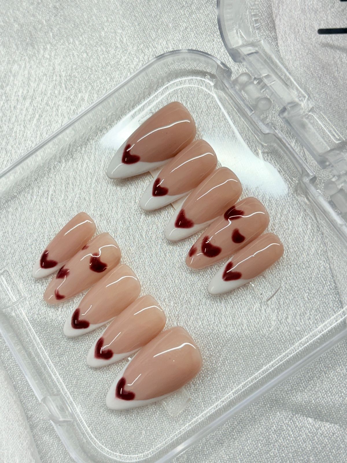 Nude White French Heart Nails