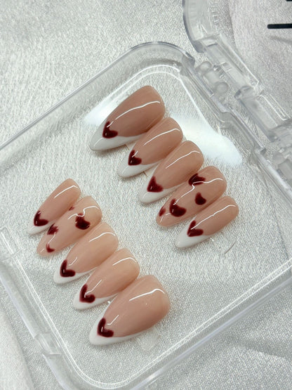 Nude White French Heart Nails