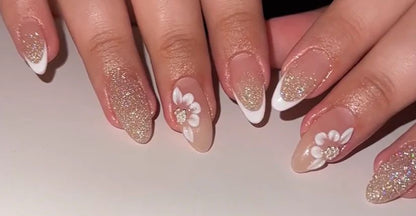 Nude Glitter 3D Flower Nails