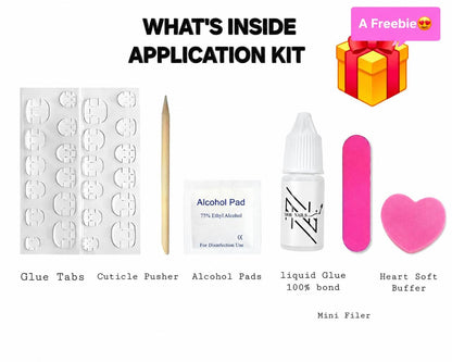 Press-on nail application kit with glue tabs, cuticle pusher, alcohol pads, mini filer, and liquid glue.