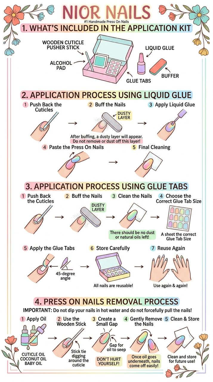 Step-by-step instructions for removing press-on nails using cuticle stick and oil, featuring hands with pink manicure.