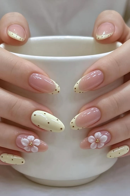 Butter Yellow Flower Polka Dot Nails