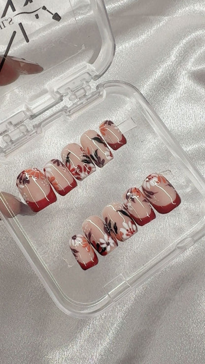 Brick Red French Flower Nails