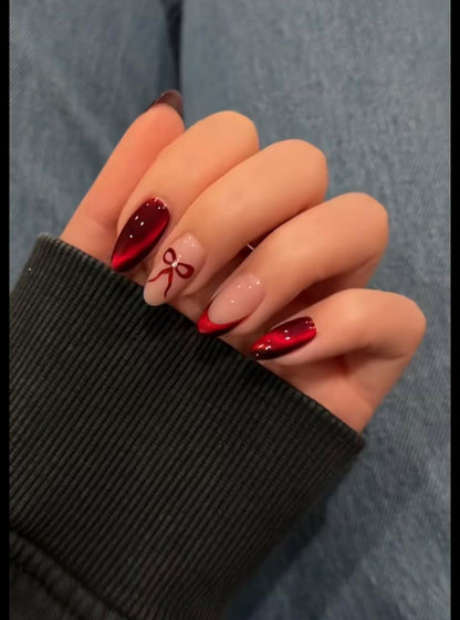 Red Cateye Bow Nails Nior Nails