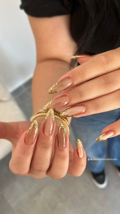 Nude Glitter Cateye Golden French  Nails