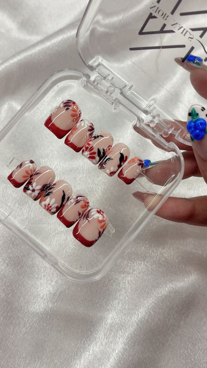 Brick Red French Flower Nails