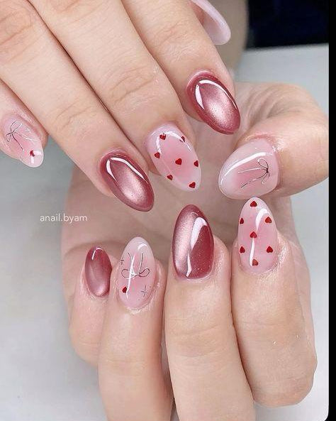 Pink Cateye Heart Bow Nails Nior Nails
