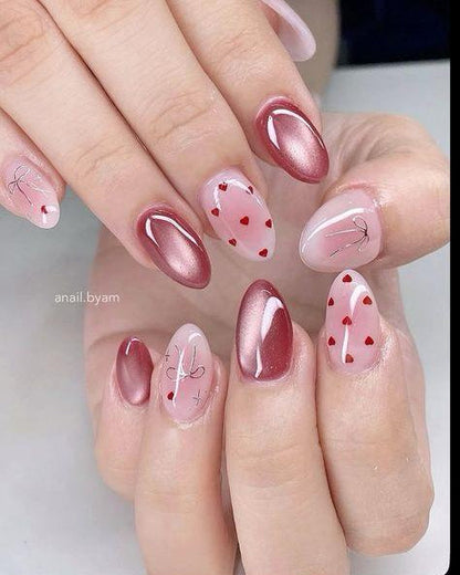 Pink Cateye Heart Bow Nails Nior Nails