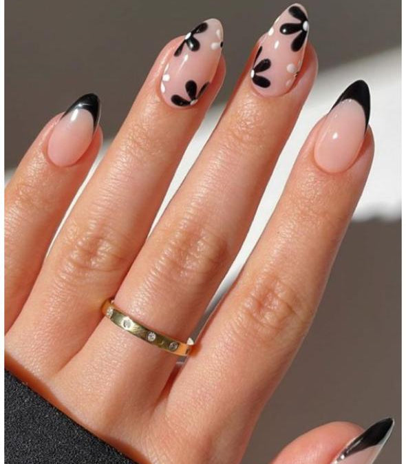 Black french flower Nails Nior Nails