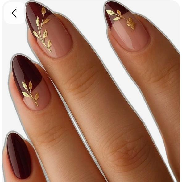 Maroon Golden leaf Nails Nior Nails