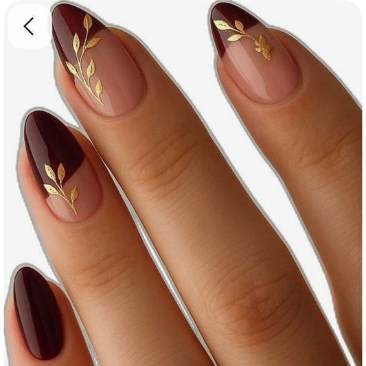 Maroon Golden leaf Nails Nior Nails