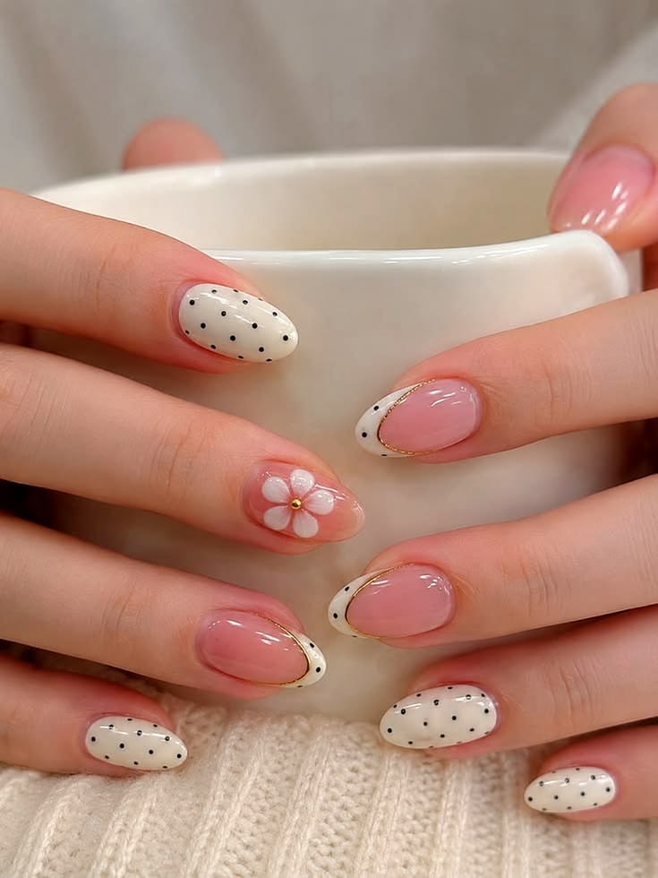 Butter Yellow Flower Polka Dot Nails
